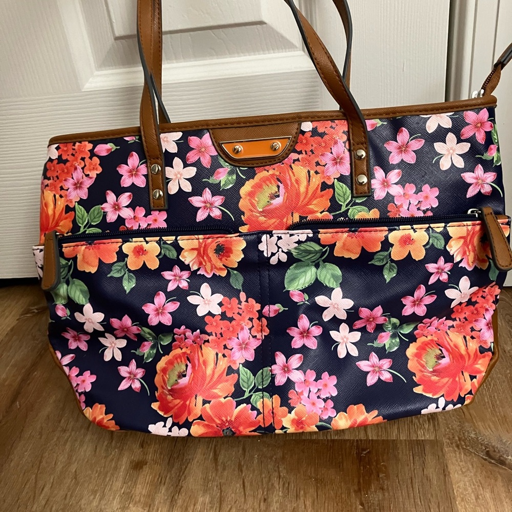 Floral Tote Bag with Brown Handles